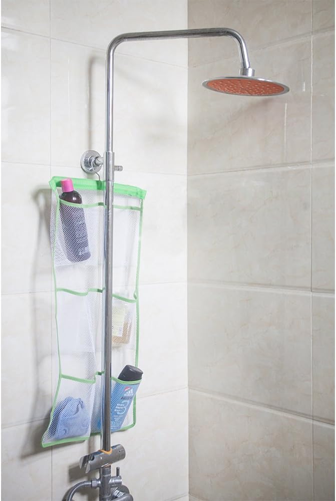ALYER 6 Storage Pockets Hanging Mesh Shower Caddy,Space Saving Bathroom Accessories and Quick Dry Bath Organizer with Hanger,Green