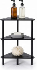 3-Tier Black Free Standing Corner Shower Caddy, Bamboo Wood Bathroom Shower Shelf Table for Inside Shower Organizer & Storage Foot Rest Shower Stool