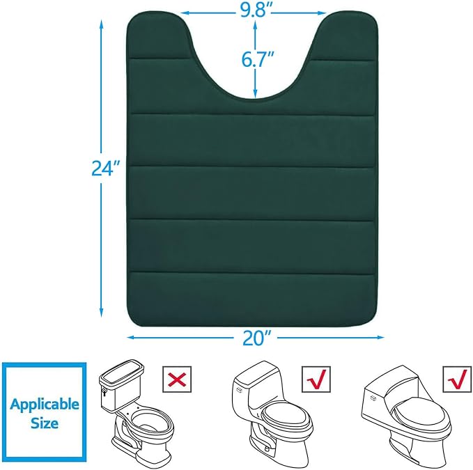 Buganda Memory Foam U-Shaped Contour Toilet Rugs, Non Slip Absorbent, Thick Soft Washable Bathroom Mat, Floor Carpet Bath Rugs Mat for Toilet Base (24" x 20", Dark Green)
