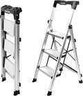 Valeo Aluminium 3 Step Ladder with Retractable Handgrip,Anti-Slip Pedal,330 lbs Capacity,Folding Step Stool for Kitchen, Garage, Home, Space Saving, Sturdy and Portable, Silver