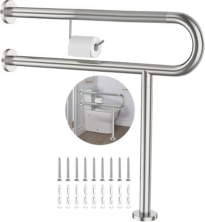 Toilet Grab Bar with Leg 31.5x28 Inch, ZUEXT Brushed Nickel Knurled Toilet Support Bar with Toilet Paper Holder,Stainless Steel Wall & Floor Mounted Bathroom Support Rail for Elderly Disabled Pregnant