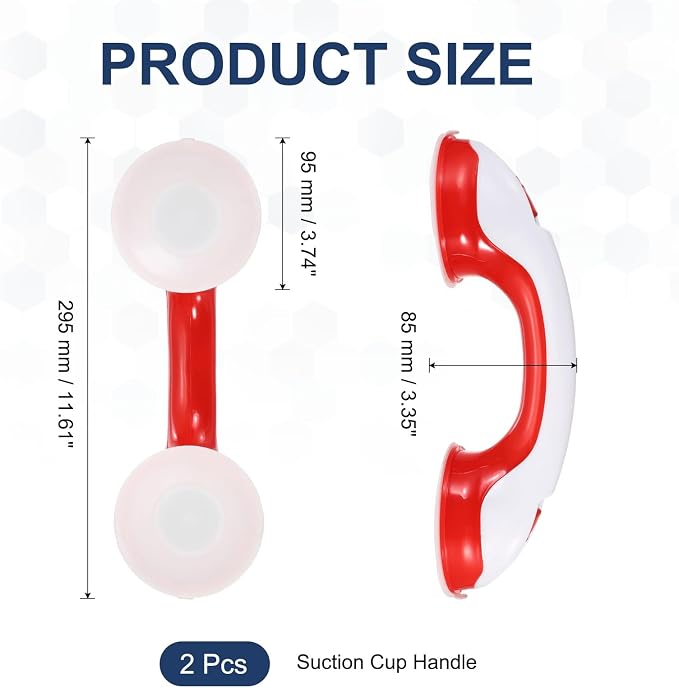 uxcell Grab Bars for Shower 2 Pcs, 12 Inch Shower Handle Suction Cup Grab Bars Elderly Assistance Products Safety Removable Grip Press-Lock for Seniors Bathtubs Bathroom Toilet, White/Red