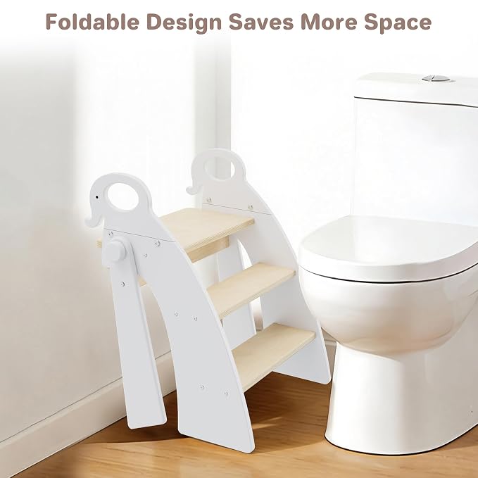 Step Stool for Toddlers, 3-Step Kids Step Stool for Bathroom Sink, Foldable Toilet Potty Training Bamboo Wooden Stool with Handles and Non-Slip Pads for Bedroom, Kitchen Stool Helper, White