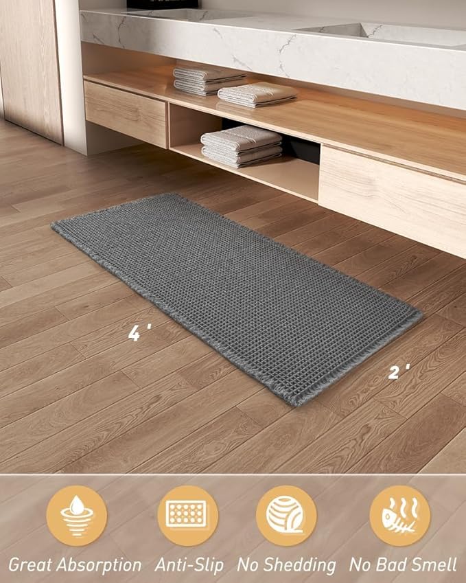 Upgraded Waffle Runner Rug, Super Absorbent Non Slip Bath Mats for Bathroom Floor, Washable Bathroom Runner Rug with Tassels, Ideal for Hallway Bedroom Laundry Room, Dark Grey, 2'x 4'(24" x 48")