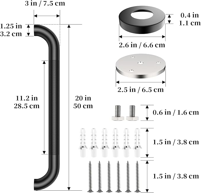 Black Grab Bar 20 Inch, iHansee Anti-Slip Bathroom Grab Bar w/Knurled Grip, Stainless Steel Safety Handrail for Toilet Bathtub Shower, Wall Mounted Matte Black Handicap Bars Handle for Senior Elderly