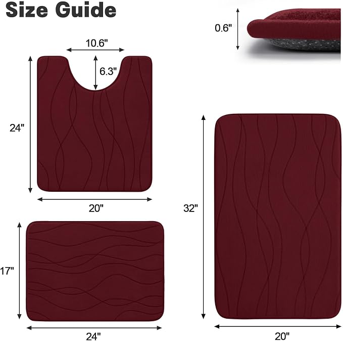 YIHOUSE Memory Foam Bathroom Rug Sets, Dark Red, 3 Piece | Ultra Soft, Absorbent, Non-Slip, Machine Washable
