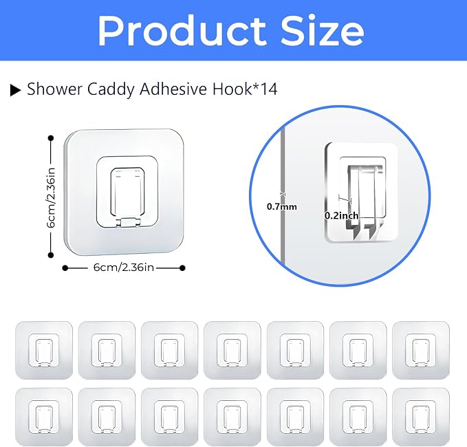 Shower Caddy Adhesive Replacement Hooks, Heavy Duty Waterproof Strips, No Drilling for Bathroom Shelves, Kitchen Racks, and Soap Holders (Transparent-14 Pack 1 Hook)