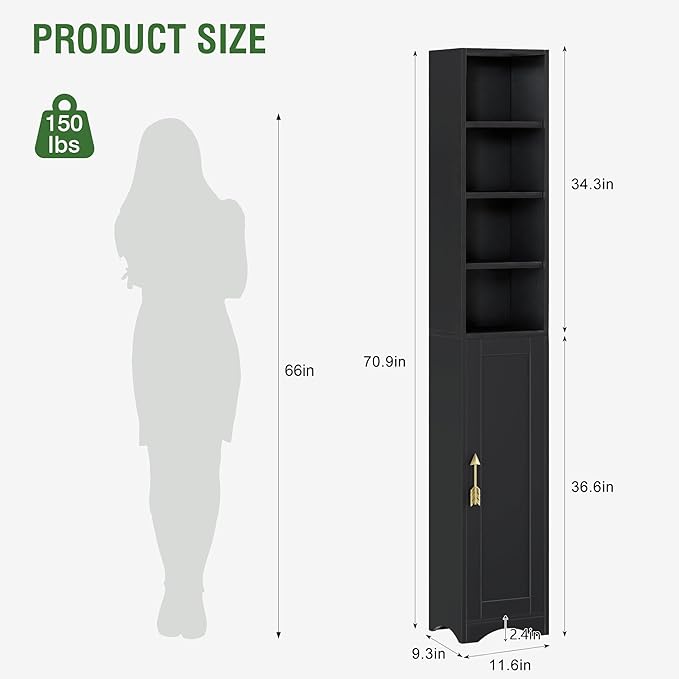 VECELO 71" Tall Narrow Storage Cabinet, Bathroom Storage Slim Freestanding Cabinet with Door & 6 Adjustable Shelves, Anti-Tip Design for Small Space, Kitchen, Living Room, Black