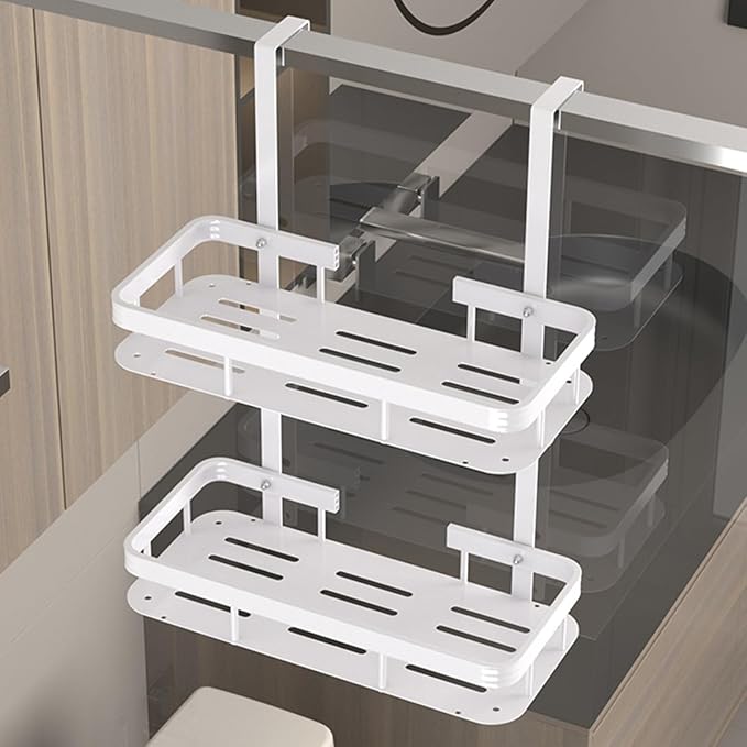 White Over Door Shower Caddy, Rustproof Bathroom Organizer, 2-Tier Storage Rack, 11.81x5.31 Inch Shelves, No Drilling Required