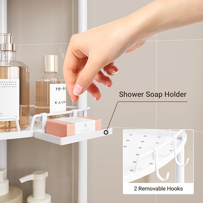 ELYKEN Corner Shower Caddy Standing, 4 Tier Rustproof Metal Shower Organizer with Soap Holder, Floor Shower Corner Shelf Rack Storage Stands with Adjustable Feet & 2 Hooks for Bathroom, White