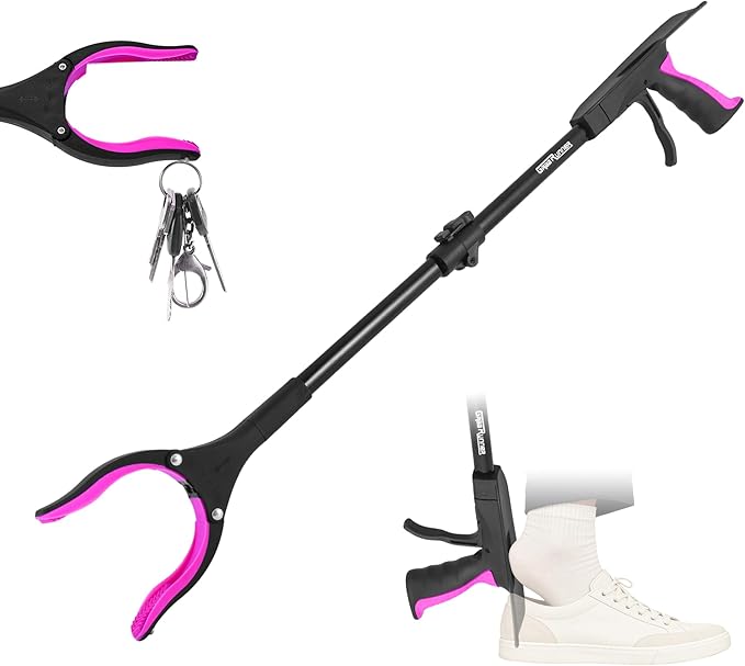 32 inch GrabRunner Folding Reacher Grabber Tool with Shoehorn,360° Rotating Head Grabber Tool with Strong Magnetic,Grabbers for Seniors (Pink)