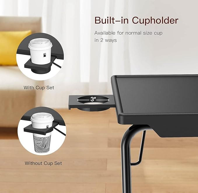 HUANUO Adjustable TV Tray - Foldable TV Tray Table with 6 Height & 3 Tilt Angle Adjustments, TV Dinner Tray with Cup Holder for Couch, Bed, Sofa and Chair (Black)