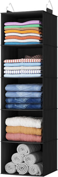 Lifewit 5 Tier Hanging Closet Organizer and Storage for Shelves, Foldable Clothes Shelf with 2 Sturdy Hooks, Sweater/Coat/Shoes Clothing Organization for Wardrobe, Dorm, Bedroom, Black
