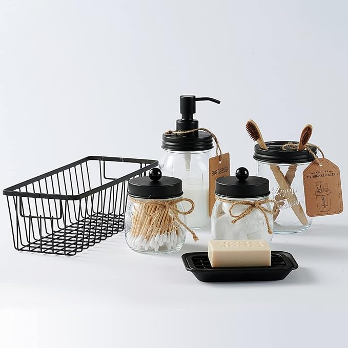 SheeChung 6Pcs Mason Jars Bathroom Accessories Set Complete - Toothbrush Holder, Lotion Soap Dispenser, 2 Mason Jars, Soap Dish, Toilet Paper Basket, Rustic Farmhouse Decor (Black, 6Pcs Bathroom Set)