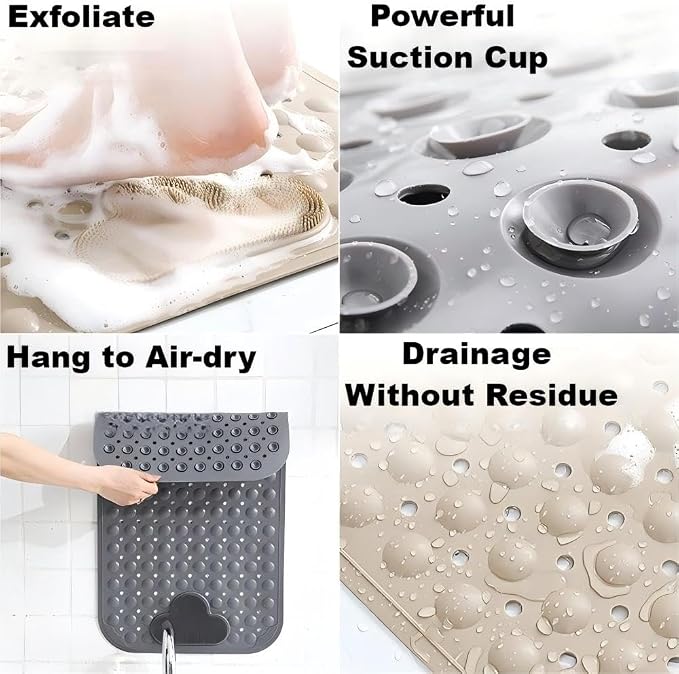 Bathtub Anti-Slip Mat Shower Mat with Suction Cups Drain Hole Foot Massage Bathroom Floor Mat 28x16 Inch (Khaki)