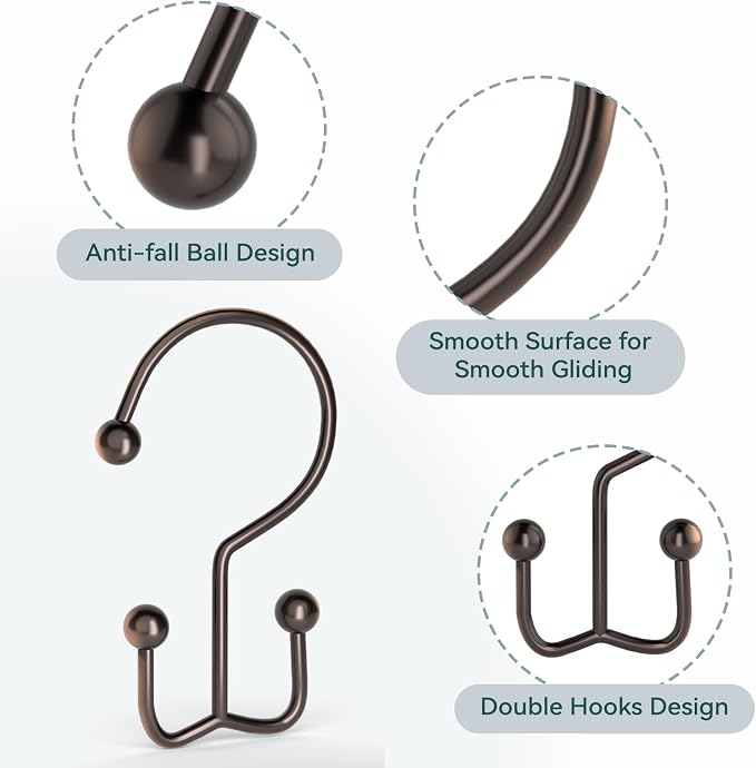 Goowin Shower Curtain Hooks, 12 Pcs Shower Curtain Rings, Durable Shower Curtain Rings Rust Proof, Double Glide Shower Rings for Curtain, Simple Shower Hooks for Shower Curtain & Liner, Bronze