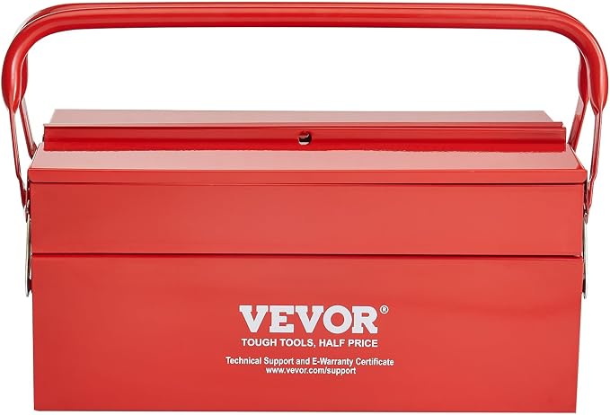 VEVOR Metal Tool Box, 14-inch, 2-Tier 3-Tray Portable Folding Tool Chest Organizer with Handle & Lock Hole, Powder Coated Steel, Cantilever Toolbox for Household Factory Warehouse Repair Shop, Red