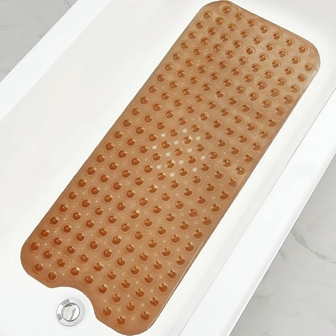 Bathtub and Shower Mats, Extra Long Non-Slip Bath Tub Mat 39 x 16 Inch, Machine Washable Bathmat with Suction Cups & Drain Holes for Bathroom Floor, Clear Brown