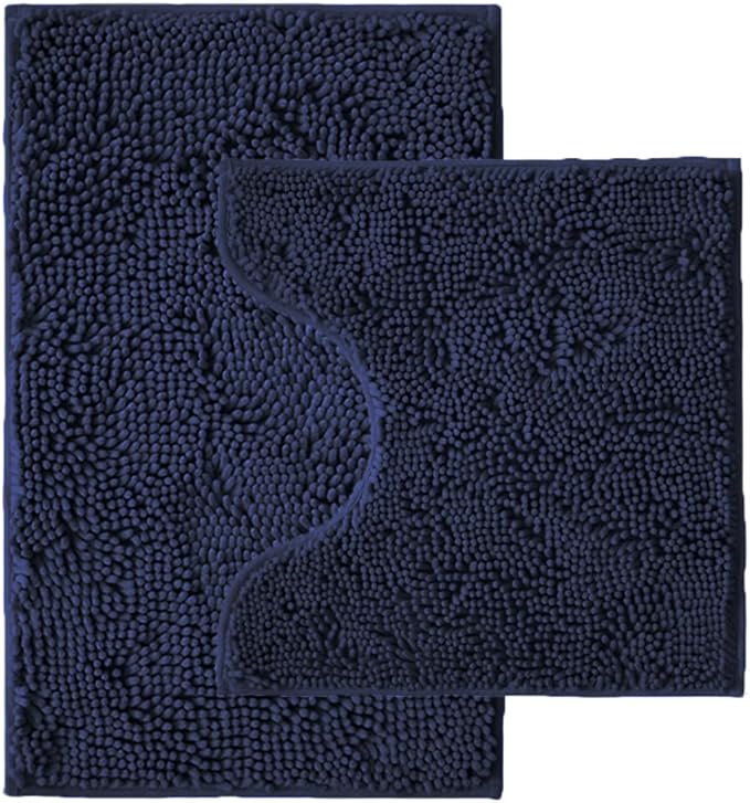 Bathroom Rugs Sets 2 Piece,Super Absorbent Chenille Bath Mats and U-Shaped Toilet Rug,Strong PVC Non Slip Backing,Microfiber Washable Dry Quickly Bath Mats for Bathroom(20"x32"+20"x20"U,Navy Blue)