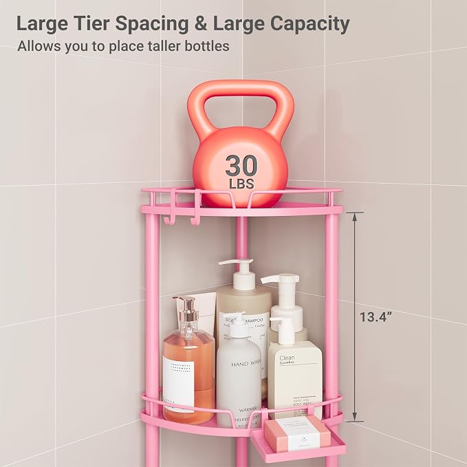 ELYKEN Corner Shower Caddy Standing, 4 Tier Rustproof Metal Shower Organizer with Soap Holder, Floor Shower Corner Shelf Rack Storage Stands with Adjustable Feet & 2 Hooks for Bathroom, Pink