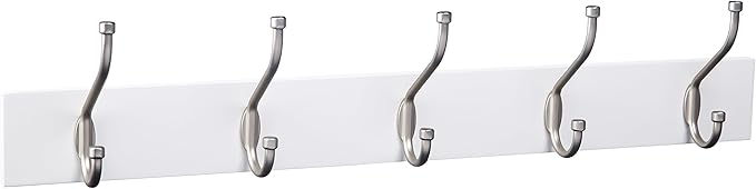 Amazon Basics Rectangular Farmhouse Wall-Mounted Coat Rack for Entryway and Bedroom, Storage Organizer, 5 Hooks, White