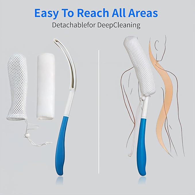 Long Handle Bath Brush for Elderly, Shower Scrubber for Back Exfoliation, Non-Slip Grip for Seniors & Pregnant Women, 15.35 Inch Body Scrubber for Effortless Independence, Blue