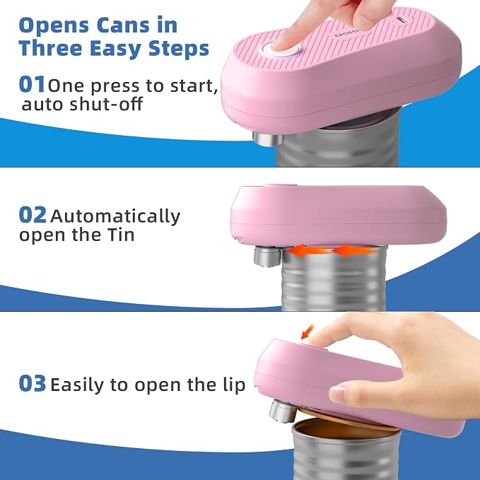 Auto Electric Can Opener, Rechargeable Can Openers for Seniors & Arthritis, One-Touch Automatic Can Opener, Hands-Free, Smooth Edge, Compact,Small - Auto Stop，Pink