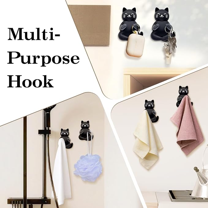 Cute Cat Waterproof Self-Adhesive Shower Hook Set, Funny Black Cat Razor Holder Bathroom Accessories for Men Women Cat Lover, Cat Lover Gifts for Women Men, Black Cat Bathroom Decor