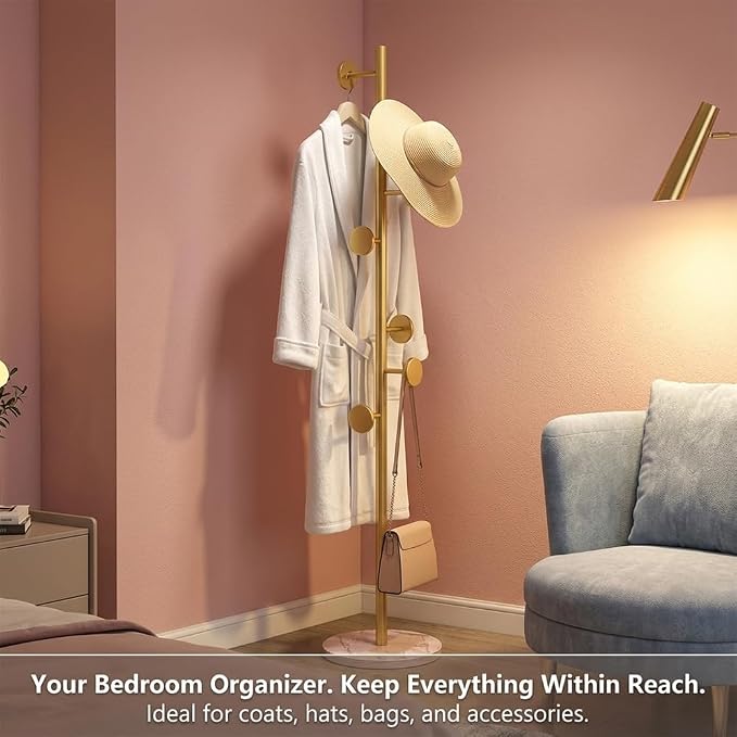 Coat Rack Freestanding Gold Clothes Rack with Marble Base & 7 Staggered Round Hooks, Heavy Duty Stable Coat Hanger Garment Stand for Entryway Bedroom, Hall Tree Racks for Clothing Hats Bags Purses