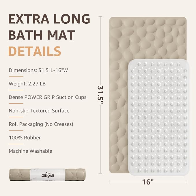 Bligli Bathtub Mat Non Slip, 16x31.5 inch Extra Long Bath Tub Mat with Strong Suction Cups, Soft Rubber Bathroom Floor Mat, Machine Washable, 100% BPA Free (Brown)