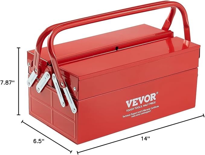 VEVOR Metal Tool Box, 14-inch, 2-Tier 3-Tray Portable Folding Tool Chest Organizer with Handle & Lock Hole, Powder Coated Steel, Cantilever Toolbox for Household Factory Warehouse Repair Shop, Red
