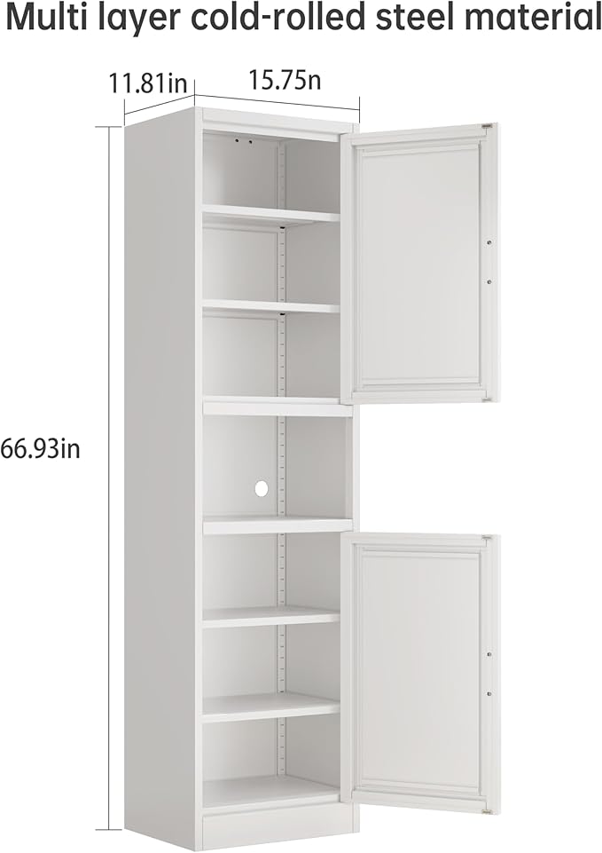 67" H Metal Tall Narrow Storage Cabinet, Freestanding Floor Cabinet with 2 Doors and Adjustable Shelves, Pantry Storage Cabinets for Bathroom, Living Room, Entryway and Kitchen