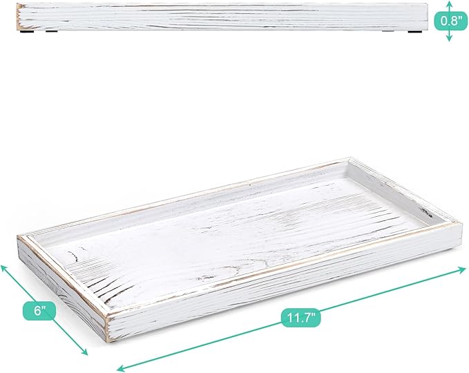 ALELION 11.7" White Bathroom Vanity Tray for Counter - Decorative Tray for Toilet Tank Makeup Perfume Jewelry Catchall Coffee Table - Wooden Kitchen Countertop Organizer for Soap Dispenser