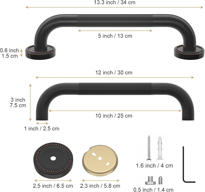12 Inch Anti Slip Bronze Shower Grab Bar Oil Rubbed Black,ZUEXT Antique Brass Bathroom Grab Bar, Knurled Bathroom Balance Bar,Safety Hand Rail Support Handicap Elderly Injury Senior Assist Bath Handle