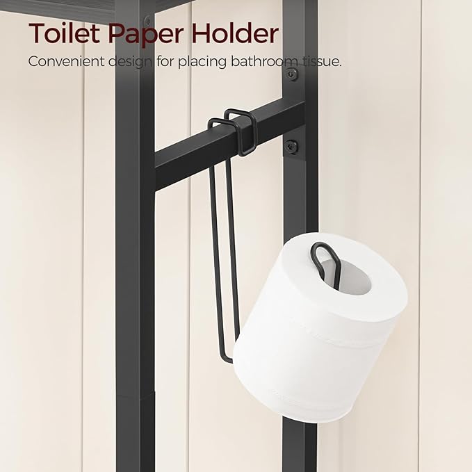 MAHANCRIS Over The Toilet Storage Rack, 3 Tier Bathroom Organizer Over Toilet, Freestanding Space Saver Toilet Stand with 2 Hooks, Bathroom Storage Shelf, Easy to Assemble, Black TSBK6001