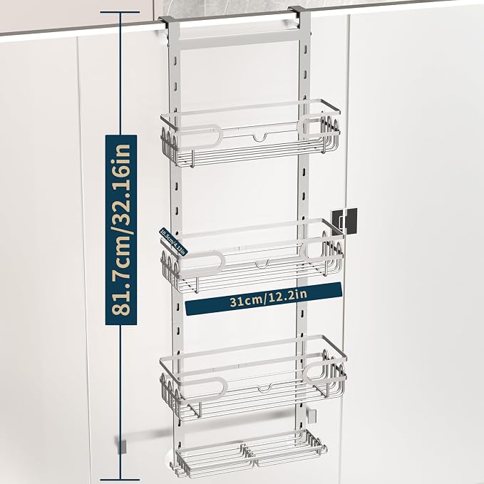 Consumest Over The Door Shower Caddy - 4 Tier Adjustable Hanging Shower Organizer Shelf with 2 Soap Holders & 22 Hooks, Rustproof Easy Installation Hanging Storage Rack for Bathroom, Silver