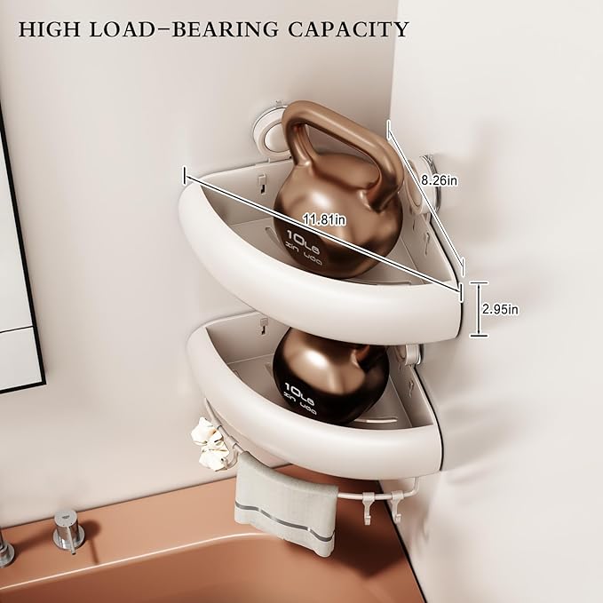 CICUFY Shower Caddy Suction Cup, 2 Pack No Drilling Corner Shower Shelves, Rust Proof Bathroom Storage Organizer, Shower Corner Caddy with Removable Hooks and Towel Bar, Triangle, Cream