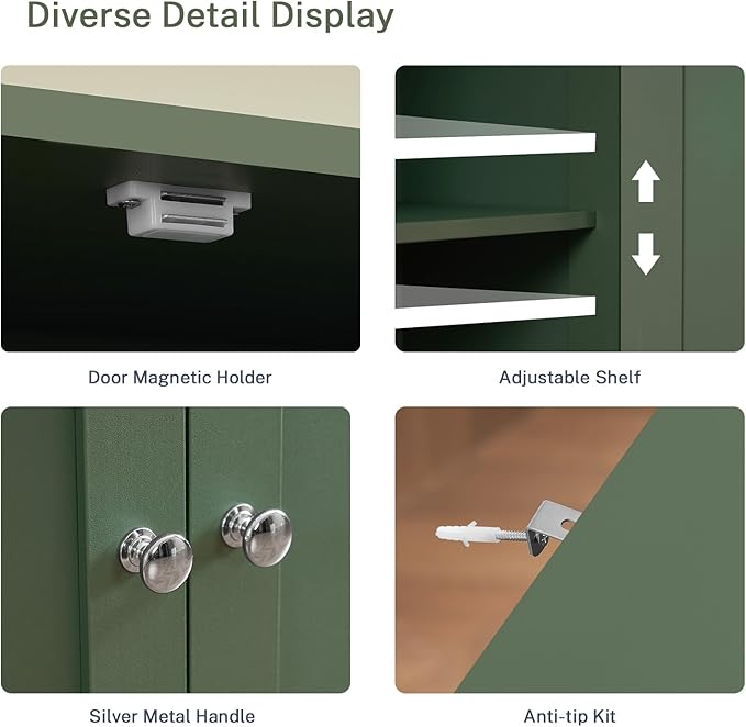 Iwell 58" H Tall Bathroom Storage Cabinet with 2 Drawers & 2 Adjustable Shelves, Bathroom Cabinet with 4 Doors, Tall Cabinet for Living Room, Dining Room, Entryway, Forest Green