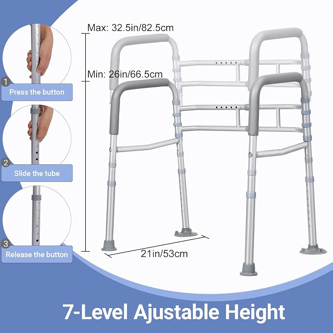 Width & Height Adjustable Toilet Safety Rails - Bathroom Support Handles Grab Bar - Stand Alone Toilet Safety Frame Fits Most Toilet