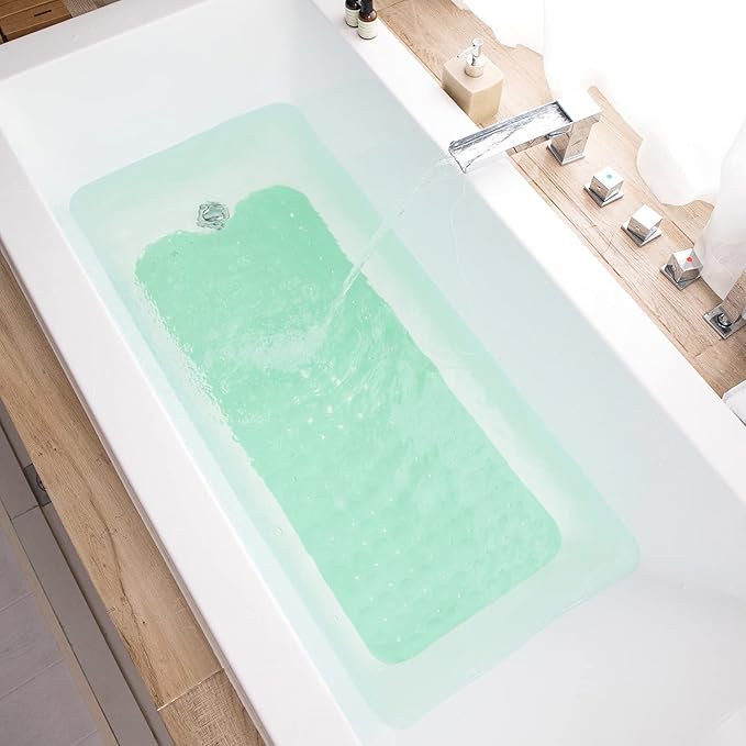 TEESHLY Bath Tub and Shower Mats, Non-Slip 39 x 16 Inch Extra Long Bathtub Mat, Machine Washable BathMat with Drain Holes, Suction Cups for Bathroom (Opaque Pale Green)