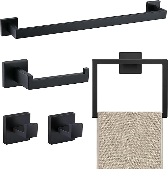 JOPOFI 5 Piece Bathroom Towel Bar Set - 23.6 Inch Bathroom Towel Holder, Thicken Stainless Steel Towel Racks for Bathroom Wall Mounted, Bathroom Hardware Accessories Set - Matte Black