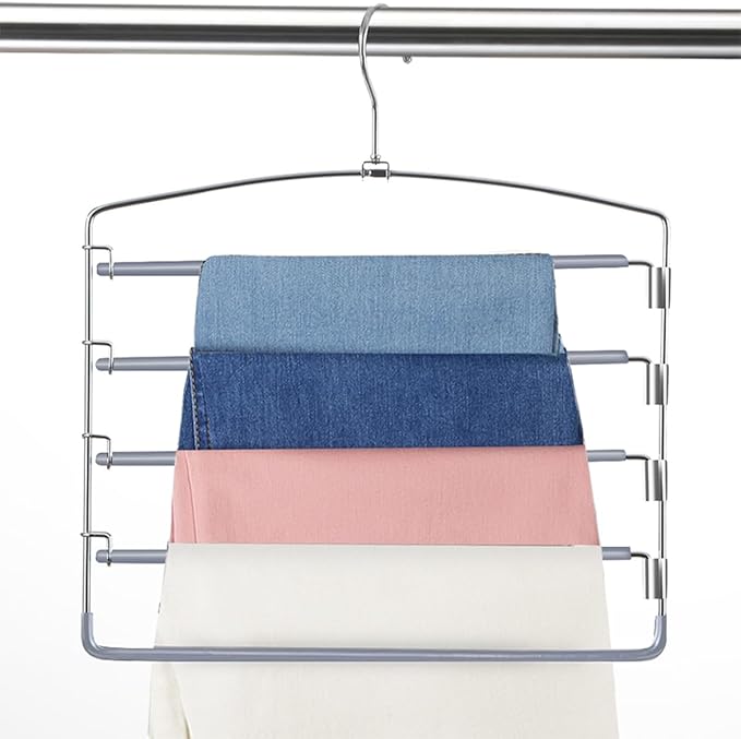 FeeraHozer Pants Hangers Space Saving 3 Pack No Slip 5 Layers Multi Functional Pants Rack Stainless Steel Swing Arm Space Saver Hanger for Trousers Jeans Towels Scarf （Grey）