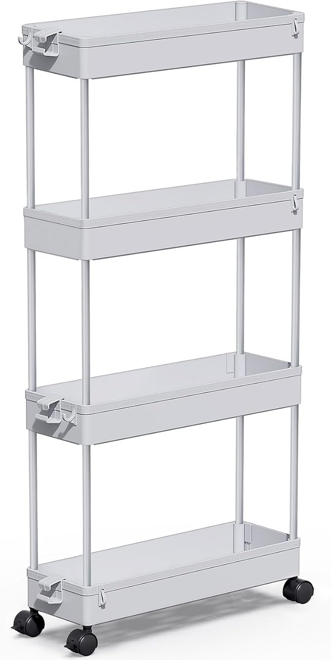SPACEKEEPER Slim Rolling Storage Cart 4 Tier Bathroom Organizer Mobile Shelving Unit Storage Rolling Utility Cart Tower Rack for Kitchen Bathroom Laundry Narrow Places, Gray
