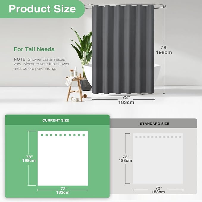 Dynamene Long Fabric Shower Curtain - 78 inch Long Waffle Weave Weighted Cloth Shower Curtains for Bathroom, Heavy Duty Hotel Spa Luxury Bath Curtain Set with 12 Plastic Hooks,72x78, Charcoal Grey
