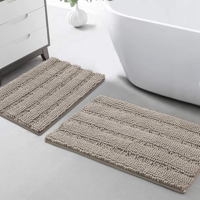 Turquoize Chenille Bathroom Rugs Set Non-Slip Bath Mats for Bathroom Extra Soft and Absorbent Shaggy Bath Mats for Bath Room Floor Indoor Mat for Kitchen/Entryway (20" x 32" and 17" x 24"),Taupe