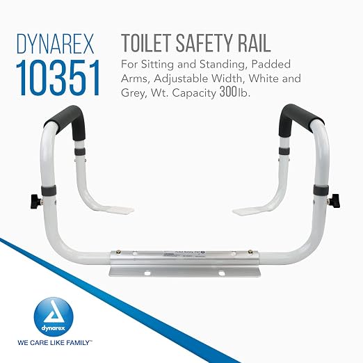 Dynarex Toilet Safety Rail, Attaches to Your Toilet to Provide Safe Support for Sitting and Standing with Padded Arms, Adjustable Width & Weight Capacity of 300 pounds, White, 1 Toilet Safety Rail