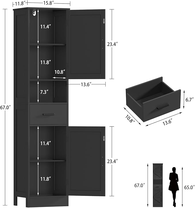TEENFON Tall Bathroom Storage Cabinet with Barn Doors, Narrow Bathroom Cabinet with Drawer, Narrow Storage Unit, Adjustable Shelves, Floor Cabinets for Living Room, Entryway, Kitchen, Black