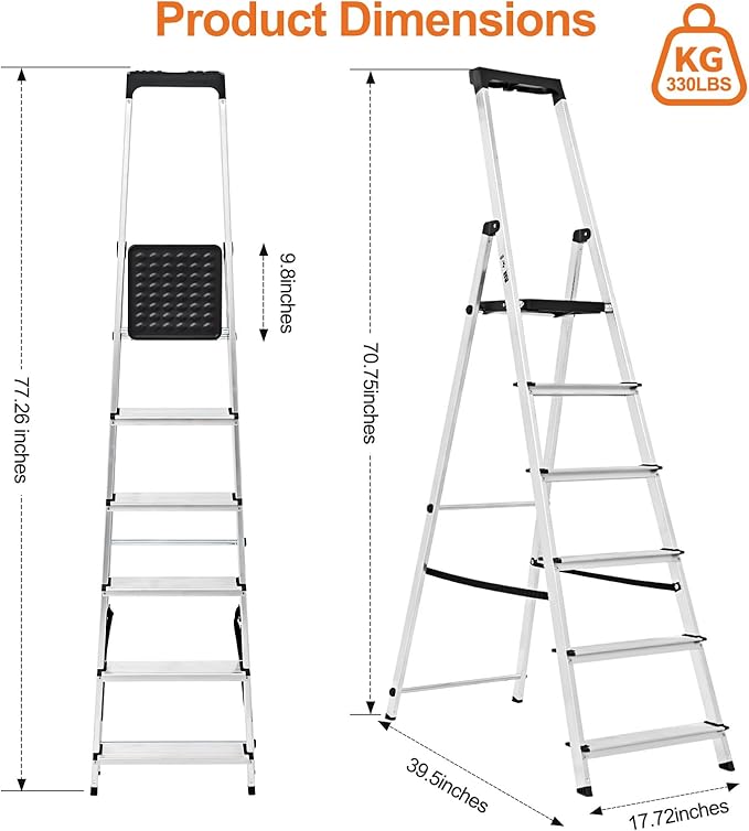 Sweetcrispy 6 Step Ladder, 330lbs Folding Step Stool with Anti-Slip Wide Pedal,Tool Tray, Aluminum Stool Ladders, Safety Household Ladder for Home Kitchen Courtyard Outdoor