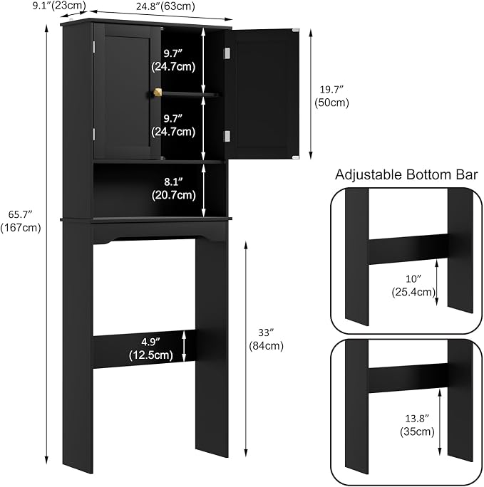 RRX Bathroom Over The Toilet Storage Cabinet, Above Toilet Cabinets Organizer, 24.8" L x 9.1 "W x 65.7 "H Free Standing Toilet Rack with Adjustable Shelf and Open Storage(Black)