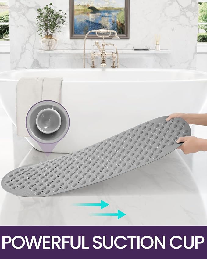 DEXI Bathtub Mat Non Slip 16x35, Shower Floor Mats for Bathroom Bath Tub, Washable Oval Bathmat with Suction Cups and Drain Holes, Grey